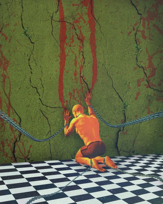 A surreal illustration shows a bald figure with chains around their wrists, ankles, and neck kneeling on a black-and-white checkered floor, reaching up against a cracked green wall streaked with red drips.