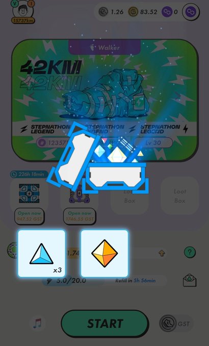 The image shows an open mobile game screen, where there are two blue boxes containing different items. One box has a pair of sneakers, while the other contains a pair of walkers. The text "WALKER" can be seen on one of the boxes. There is also a list of new quests available in the game, and it appears that the player has just started a new quest or completed one. The post mentions that the player has opened a new MB onPOLYGON realm (LVL 5), and they have picked the second item from this list.