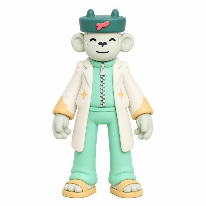 A 3D-rendered figure shows a bear-like character wearing a green cap, a white lab coat, and a green jumpsuit, with a zipper design on its chest.