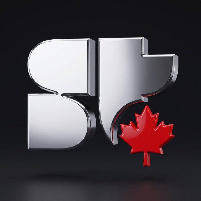 A 3D metallic silver logo composed of stylized letters, accompanied by a glossy red maple leaf, set against a dark background.