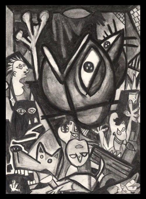 A dark, abstract charcoal or pencil drawing featuring a large central eye surrounded by various stylized, geometric faces and figures.