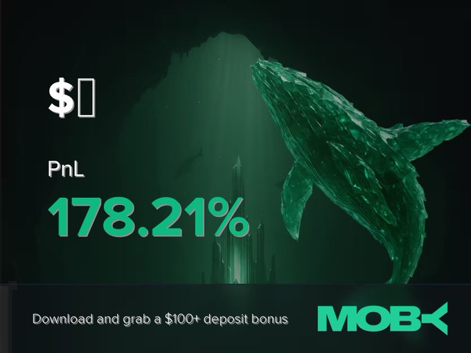 A promotional graphic for Moby features a green whale illustration against an underwater backdrop, highlighting a Win Alert with a PnL of +178.21% and promoting a $100+ deposit bonus for downloading the app.