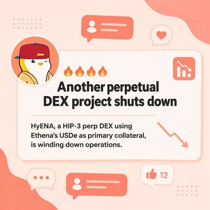 An illustrated graphic featuring a penguin mascot announces 'Another perpetual DEX project shuts down,' explaining that HyENA, a HIP-3 perp DEX using Ethena's USDe as primary collateral, is winding down operations.