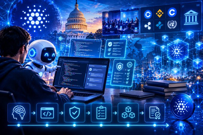 A futuristic digital illustration shows a person and a white robot working together at a laptop, surrounded by floating holographic screens displaying code, cryptocurrency logos like Cardano and XRP, the U.S. Capitol building, and various tech icons including a brain, shield, and blockchain symbols.