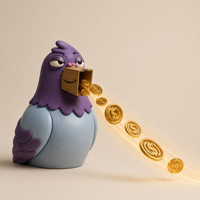 The image features a cartoon bird-shaped figurine, which appears to be made of clay or playdough, with its mouth open wide as if it's blowing money out of a box. The bird has a purple body and blue wings, giving it a playful and whimsical appearance. The bird is positioned in front of a white background, making the colorful bird stand out even more.

The image also contains text that reads "RUMOR: Amazon is quietly testing a feature that lets Alexa users pay for purchases directly with USDC, bypassing credit card networks entirely". This suggests that there might be some sort of rumor or speculation about an upcoming feature on Amazon's Alexa service that allows users to make purchases using voice commands.