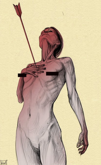 A sketch-style digital illustration of a muscular figure with elongated limbs and a red head tilted upward, pierced through the chest by a red arrow.