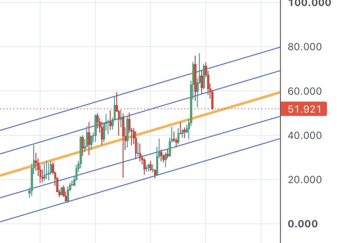 A candlestick chart shows a steep drop from ~75 to 51.921 within a rising channel, with the price now testing the orange midline support—visually capturing the worry behind the poster's "It'll be fine, right...?" as their entire fortune teeters on the channel's lower boundary.