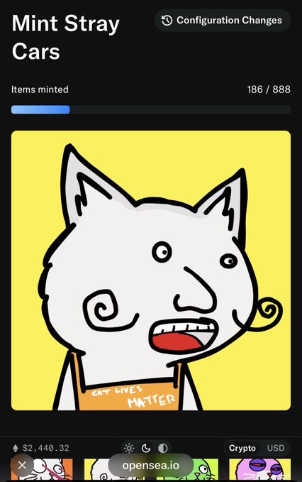 A mobile screenshot of an OpenSea NFT collection page titled 'Mint Stray Cars' showing 186/888 items minted, featuring a cartoon cat with a swirl eye and 'CAT LIVES MATTER' text.