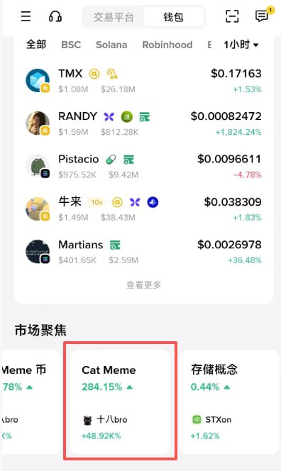 A cryptocurrency trading app screenshot showing various tokens including TMX at $0.17163 (+1.53%), RANDY at $0.00082472 (+1,824.24%), Pistacio at $0.0096611 (-4.78%), and a highlighted 'Cat Meme' section featuring 十八bro at +48.92% under 市场聚焦 (Market Focus).