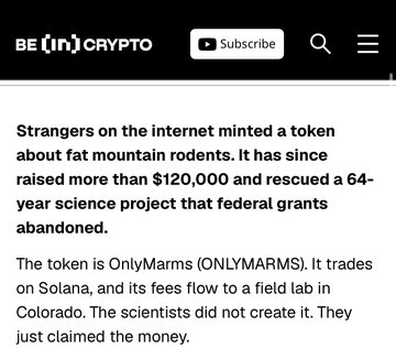 A BeInCrypto article snippet stating that strangers minted a token called OnlyMarns ($ONLYMARMS) on Solana, which raised over $120,000 and rescued a 64-year science project on fat mountain rodents after federal grants were abandoned.