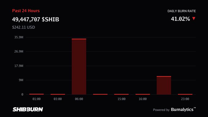 A SHIBBurn tracker interface displays the past 24 hours' statistics, showing 49,447,707 $SHIB (worth $242.11 USD) were burned with a daily burn rate of 41.02%, visualized through a bar chart with the largest spike occurring around the 06:00 hour.