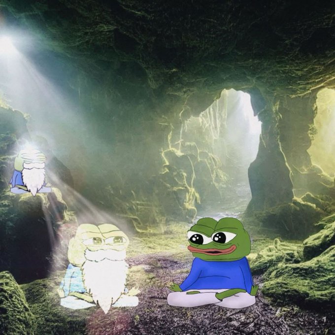 Meme image featuring cartoon characters including Sad Frog (Pepe) and other frog variants in a meditating pose, edited onto a background of a sunlit cave interior.
