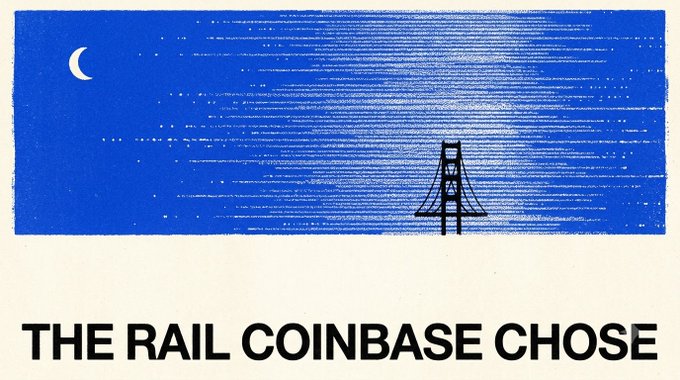A book cover with a blue illustrated sky, moon, transmission tower, and the title "THE RAIL COINBASE CHASE."