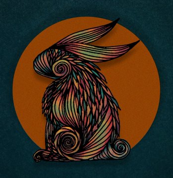 Stylized artistic illustration of a rabbit/hare with swirling, multi-colored fur patterns set against an orange circular background on a dark teal backdrop.