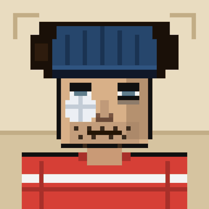A pixel art character with a large blocky blue hairstyle, asymmetrical eyes, and red and white clothing is displayed against a cream-colored background.