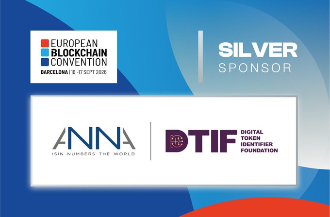 A promotional graphic for the European Blockchain Convention Barcelona (16-17 Sept 2026), labeling ANNA (ISIN Numbers the World) and DTIF (Digital Token Identifier Foundation) as Silver Sponsors.
