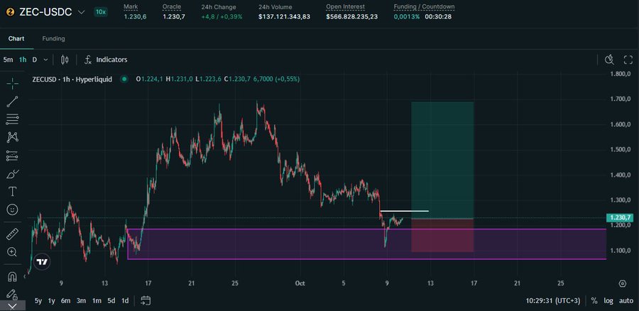 A TradingView candlestick chart displays the ZEC-USDC pair on Hyperliquid, with key stats including Mark 1.230.6, Oracle 1.230.7, and 24h Volume $137,121,343.83.