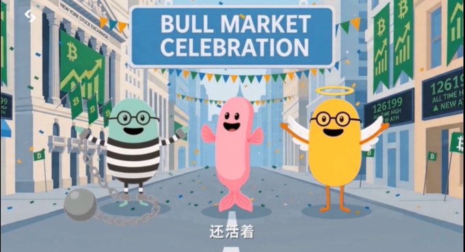 The image features a cartoon scene of three anthropomorphic characters, including a pig, a sausage, and an egg, standing together on a street. They are all dressed up for a bull market celebration event. The background includes buildings and banners, indicating that this is likely taking place in a city setting. The post has been shared by @Bitget_zh, which suggests it might be related to Bitcoin or cryptocurrency. The image also contains several memes scattered throughout the scene, adding humor and visual appeal to the overall presentation.
