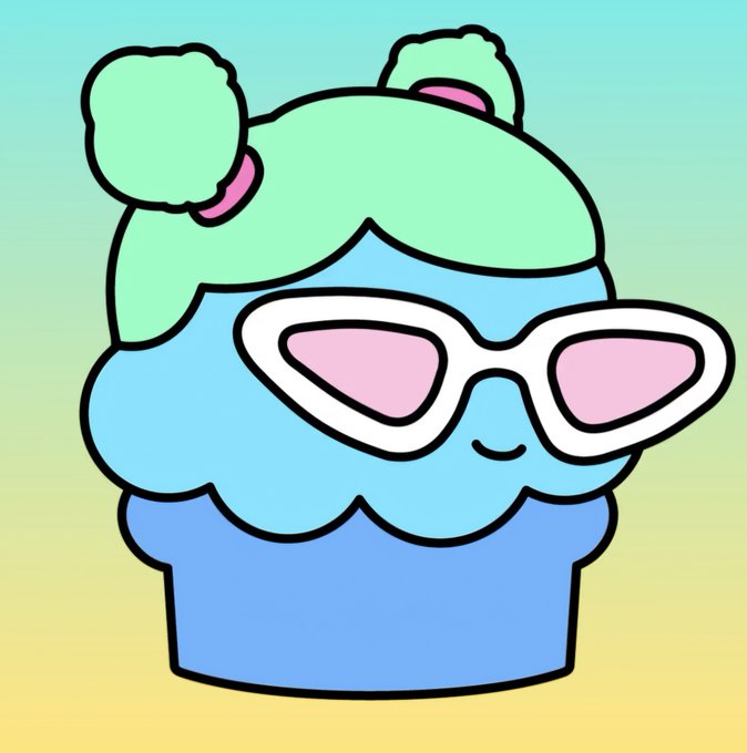 A cartoon illustration of a smiling cupcake with teal frosting and pink sunglasses against a gradient background.