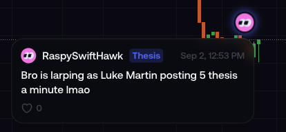 A social media post from user @RaspySwiftHawk with a "Thesis" badge, dated Sep 2, 12:53 PM, reading "Bro is larping as Luke Martin posting 5 thesis a minute lmao," displayed against a dark background with stock chart graphics.