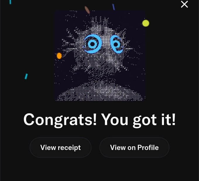 Digital congratulations screen displaying 'Congrats! You got it!' with a stylized pixelated blue character portrait and two buttons for 'View receipt' and 'View on Profile.'