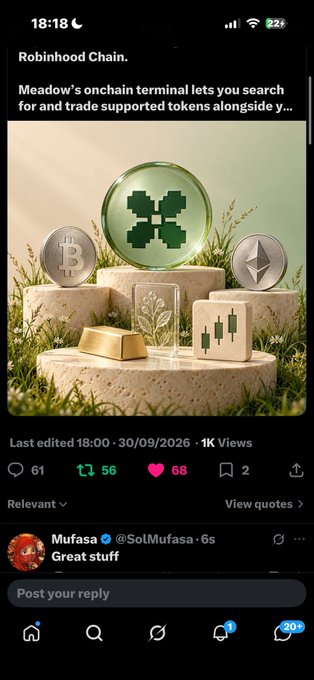 Robinhood Chain app screenshot showing a Meadow onchain terminal with cryptocurrency symbols (Bitcoin, Ethereum, etc.) and pixel art graphics on pedestals, with engagement stats showing 61 comments, 56 reposts, and 68 likes.