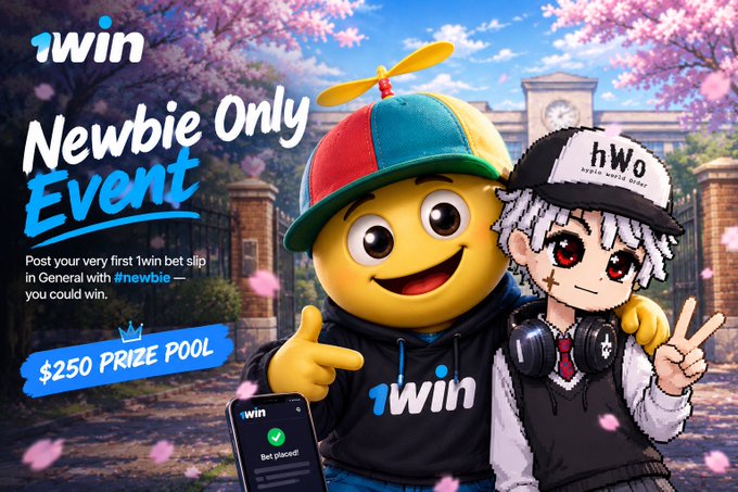 A promotional graphic for a '1win Newbie Only Event' featuring a yellow mascot in a propeller hat and an anime character, advertising a '$250 PRIZE POOL'.