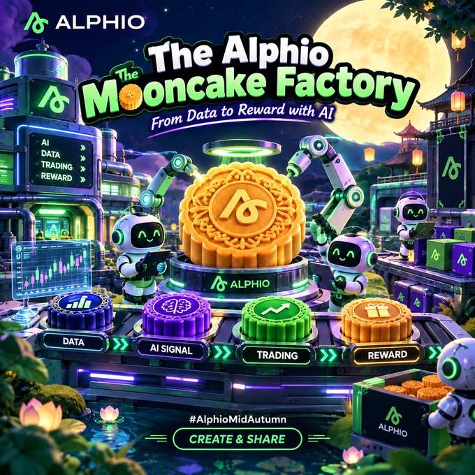 A promotional graphic titled 'The Alphio Mooncake Factory: From Data to Reward with AI' featuring cartoon robots, mooncakes, and labels like 'AI DATA TRADING REWARD' with the hashtag '#AlphioMidAutumn'.