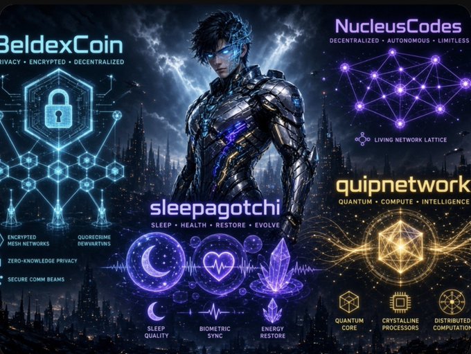A futuristic collage featuring a cybernetic warrior surrounded by crypto-themed graphics, including 'BeldexCoin', 'NucleusCodes', 'sleepagotchi', and 'quipnetwork' logos with associated tech and blockchain icons.