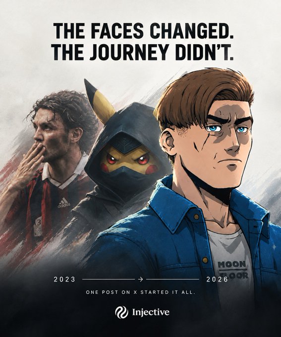 Injective promotional graphic titled 'THE FACES CHANGED. THE JOURNEY DIDN'T.' depicting an anime-style character, a hooded Pikachu figure, and a soccer player, with the Injective logo at the bottom.