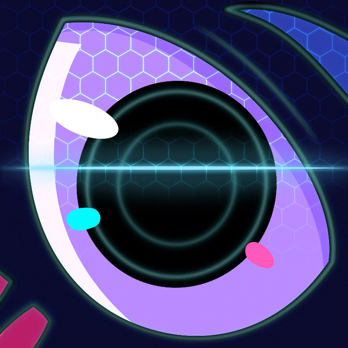 A digital illustration of a stylized mechanical eye with a purple casing, dark center, cyan and pink accents, and a dark hexagonal background.
