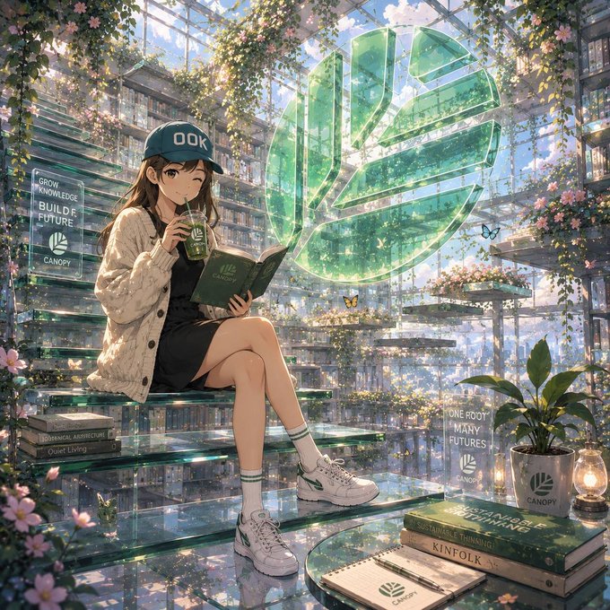 An anime-style illustration shows a girl wearing a green 'OOK' cap reading a book in a lush greenhouse filled with plants and flowers, featuring a large green leaf logo and signs reading 'GROW KNOWLEDGE BUILD FUTURE' and 'CANOPY'.