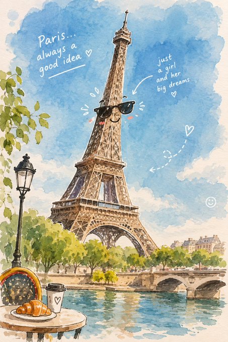 A watercolor-style illustration of the Eiffel Tower wearing sunglasses, surrounded by whimsical text reading 'Paris... always a good idea' and 'just a girl and her big dreams', with a cafe table and croissant in the foreground.