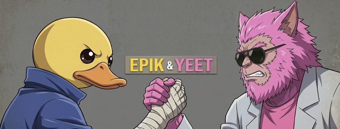 An illustrated banner showing a yellow duck in a blue hoodie arm wrestling a pink-haired cat-like character wearing a gray coat and sunglasses, with the text 'EPIK & YEET' displayed between them.