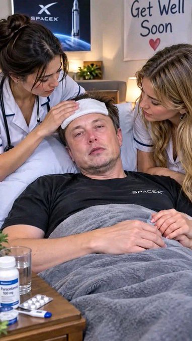 A staged photo depicting Elon Musk in a hospital bed wearing a SpaceX shirt with a head bandage, attended by two nurses; a 'Get Well Soon' sign and SpaceX poster are visible in the background.