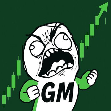 A furious rage comic character wearing a "GM" shirt stands against a backdrop of green candlestick charts trending upward with an arrow, visually capturing the crypto trader's "Good Morning" sentiment where a single green candle signifies the boundary between insanity and genius in the volatile market.