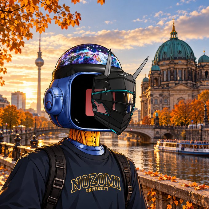 A digital illustration of a figure wearing a futuristic blue and black helmet with horns, a "NOZOMI UNIVERSITY" sweatshirt, and a backpack, standing in autumn scenery with Berlin Cathedral and TV Tower in the background.
