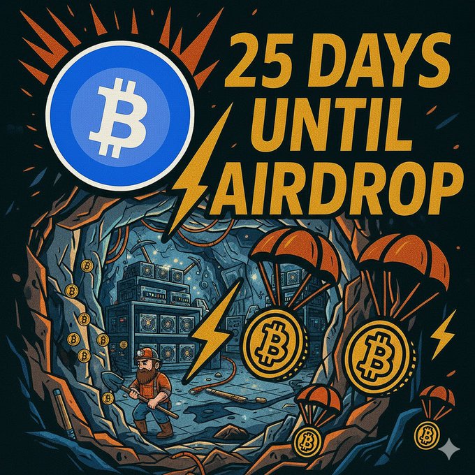 A digital illustration featuring a Bitcoin coin and the text '25 DAYS UNTIL AIRDROP', depicting a bearded miner in a cave with crypto-themed elements and parachuting Bitcoin coins.