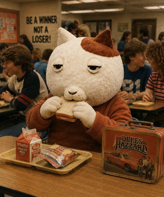A retro-style scene showing a person in a white cat mask and orange sweater eating a sandwich in a school cafeteria, with a 'Be a winner not a loser' sign and a 'Dukes of Hazzard' lunchbox on the tray.