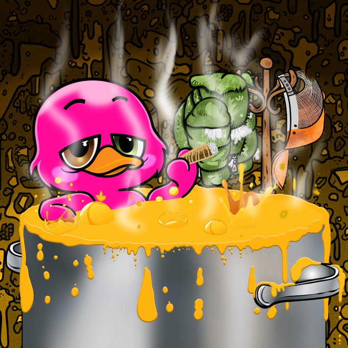A pink cartoon bird sits lazily in a bubbling pot of yellow liquid next to a green creature wielding an axe, set against a grimy brown wall. The image's messy, chaotic vibe matches the post's playful announcement of a "VERY YUCKY SUNDAY" Waddle Wars Discord event filled with games and chaos.