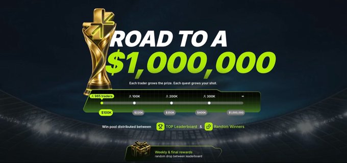 Trading competition banner titled 'ROAD TO A $1,000,000' featuring a trophy and milestones from $100K to $1M.