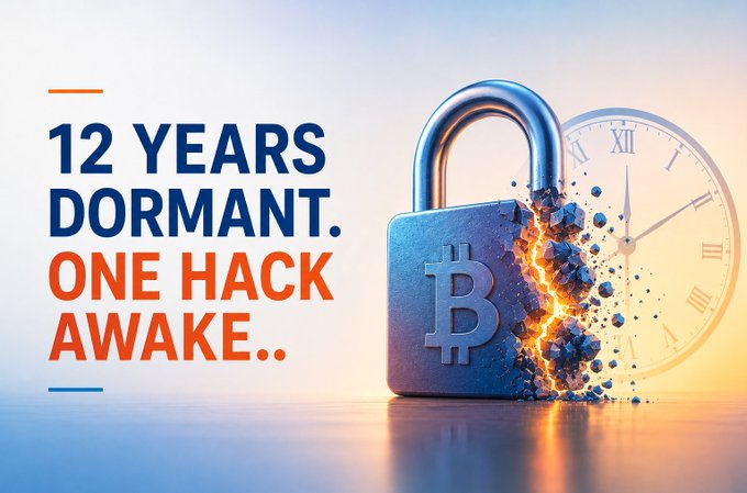 A promotional graphic showing a Bitcoin padlock shattering with the text '12 YEARS DORMANT. ONE HACK AWAKE..' in blue and orange.