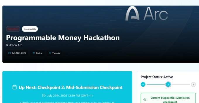 A webpage banner for the 'Arc Programmable Money Hackathon' on Arc, marked as Intermediate level and taking place July 12th, 2026, Online for 7 weeks.