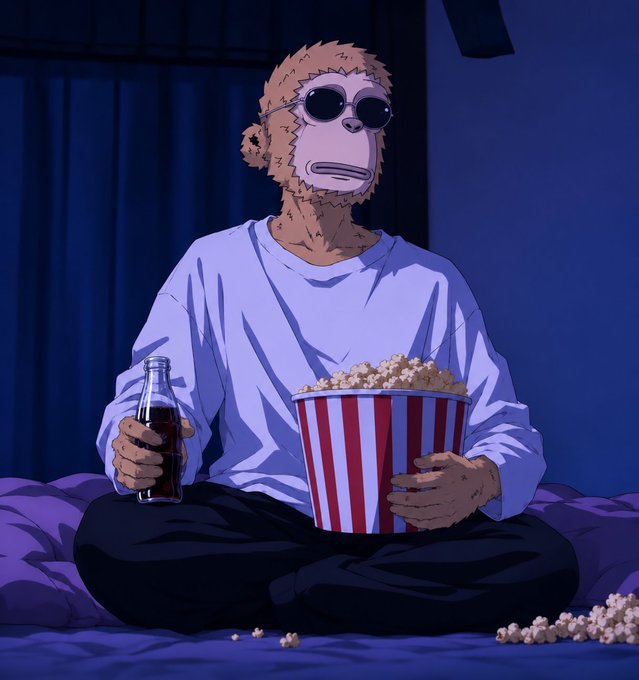 An anime-style illustration shows a furry, monkey-like character wearing sunglasses and a white shirt, sitting cross-legged on a bed holding a striped bucket of popcorn and a bottle of soda.