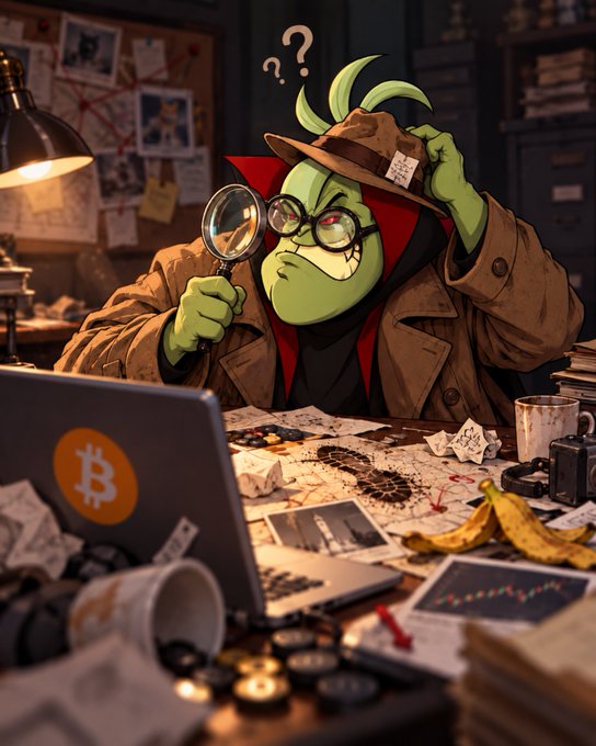 An AI-generated illustration of a green-skinned character wearing a detective's trench coat and hat, holding a magnifying glass and looking confused at a laptop displaying the Bitcoin logo, with a cluttered desk of papers and a banana peel.
