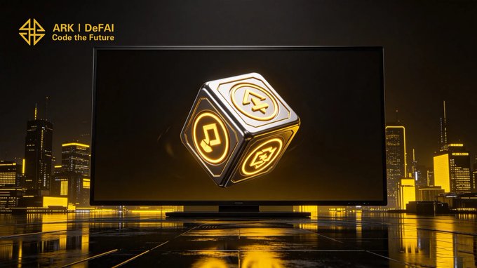 A glowing golden cube featuring the "ARK" logo floats on a monitor screen against a city skyline backdrop, with the "ARK | DeFAI - Code the Future" branding displayed in the top-left corner. The visual mirrors the post's message by symbolizing Arkie AI App's multi-faceted approach, where the cube's different faces represent the various pathways AI Agents open up for users to explore, create, and grow within Web3.