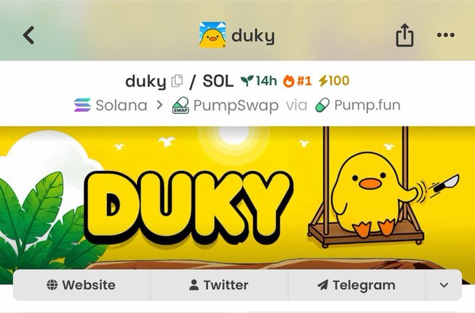 The image shows a cryptocurrency token page on what appears to be DexScreener for "duky/SOL" with a market cap of $100, ranked #1, listed via PumpSwap through Pump.fun on the Solana blockchain. The banner features a cute yellow duck mascot on a swing, supporting the post's message about $DUKY being an emerging opportunity quietly building momentum within the Solana ecosystem before broader attention arrives.