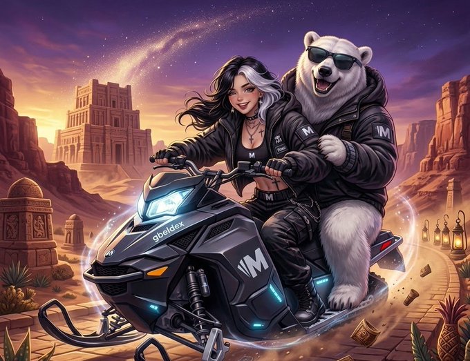 A digital illustration shows a woman with black and white hair and a white bear wearing sunglasses riding a black snowmobile through a desert landscape with ancient ruins and lanterns, with 'gbeldx' and 'IM' branding visible.