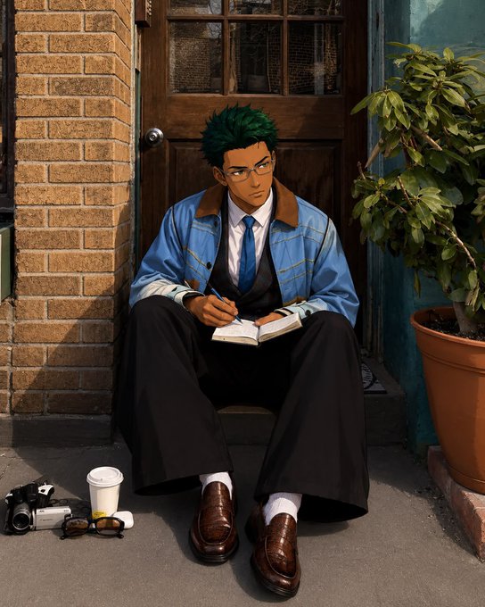 An anime-style illustration shows a green-haired man wearing glasses, a blue jacket, and a tie, sitting on a doorstep while writing in a notebook, with a film camera, coffee cup, and potted plant beside him.