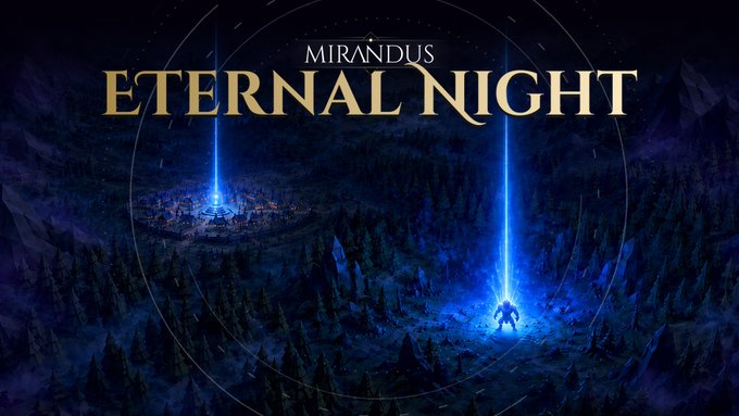 The image features a poster for the video game "Mirandus - Echoes", which has recently been released. The poster showcases two characters, one standing near a blue light source and another with a sword, set against a dark background. The title of the game is prominently displayed in large white letters at the top of the poster. Below this, there are smaller text elements that provide more information about the game's release date and its connection to the post. The overall design of the poster suggests an immersive gaming experience with a strong emphasis on adventure and exploration.